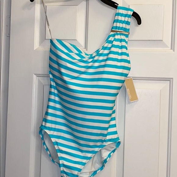 NWT Michael Kors Shoulder Blue Stripe Swimsuit - Picture 3 of 4